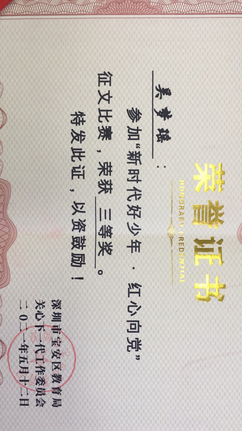 吴梦瑶“新时代好少年.红心向党”征文比赛三等奖